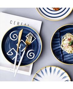 Prato de Cerâmica, Geométrico Azul, Branco e Amarelo