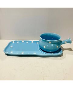 Prato refeição com caçarola Azul com bolas Brancas