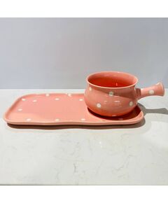 Prato para refeição com Caçarola - Rosa Com bolas Brancas