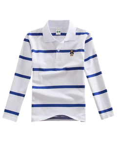 T-Shirt Polo Manga Longa às Riscas branco  e Azul