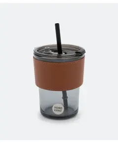 Copo De Vidro Com Detalhe + Canudo De Vidro E Tampa