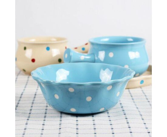 Saladeira Individual - Azul com bolas Brancas